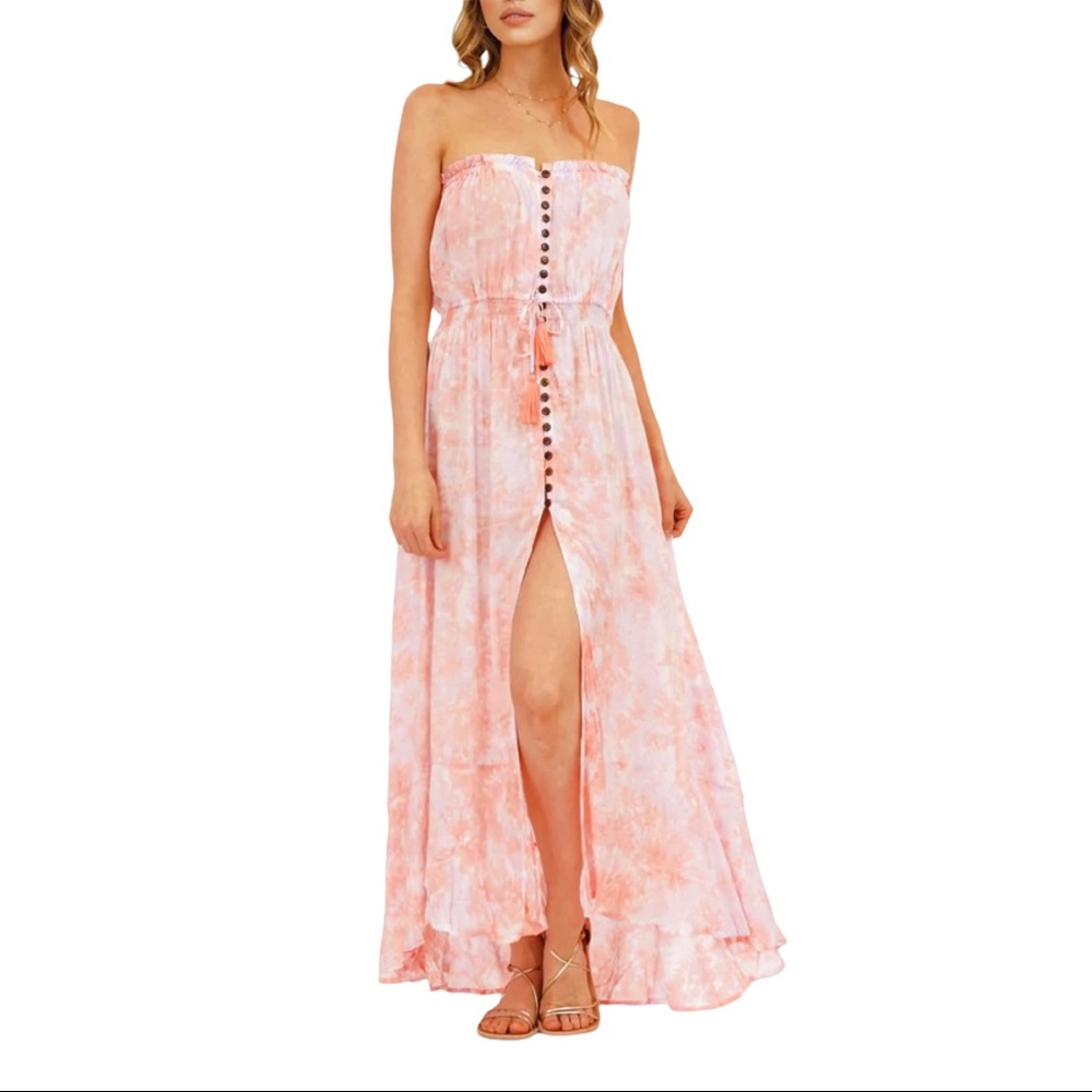 Tiare Hawaii Ryden tie dye strapless coconut shell high slit maxi O/S  fringe - Picture 10 of 10
